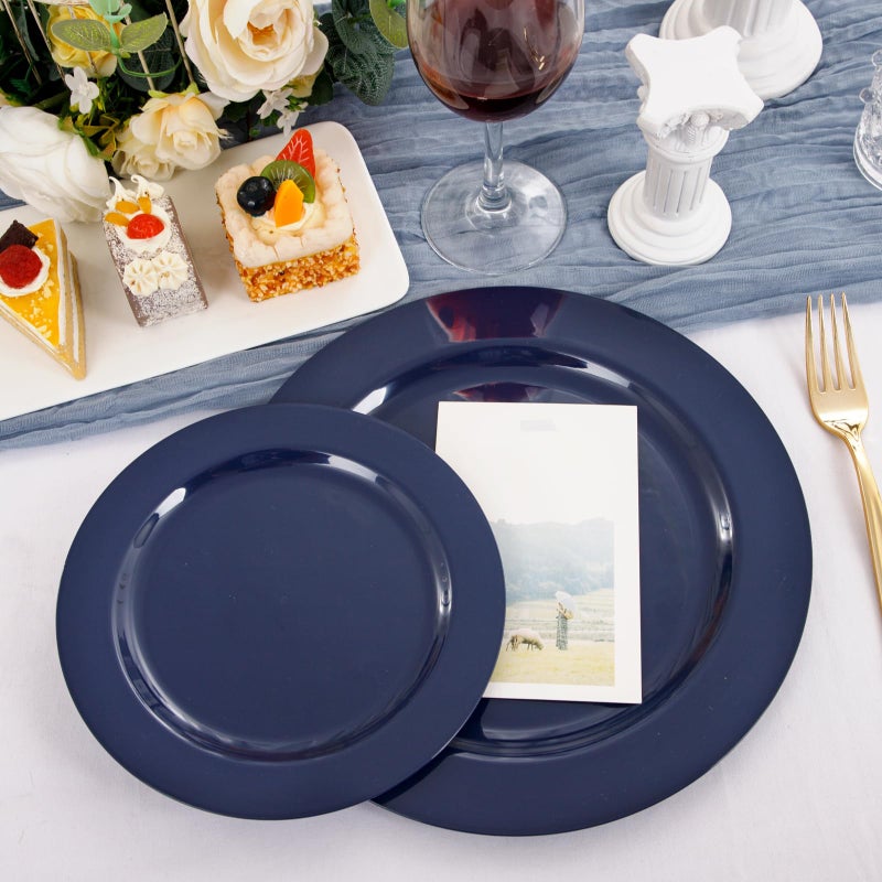 FLOWERCAT 100PCS Blue Plastic Plates - Heavy Duty Blue Disposable Plates for Possover Party/Wedding/Hanukkah - Include 50PCS 10.25inch Dinner and 50PCS 7.5inch Dessert/Salad Plates for 50 Guests - Image 5