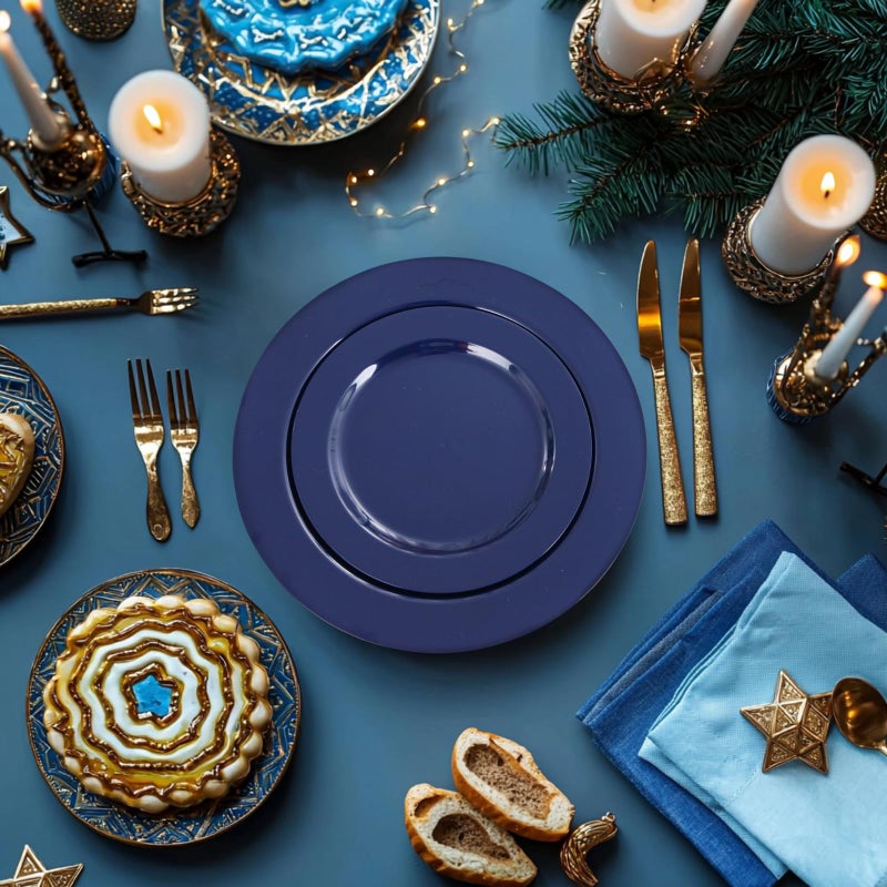 FLOWERCAT 100PCS Blue Plastic Plates - Heavy Duty Blue Disposable Plates for Possover Party/Wedding/Hanukkah - Include 50PCS 10.25inch Dinner and 50PCS 7.5inch Dessert/Salad Plates for 50 Guests - Image 3