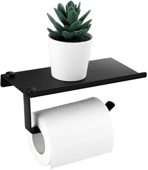 Modern Bathroom Toilet Paper Holder with Storage Shelf, Wall Mounted, Black Metal, 18 cm x 9 cm