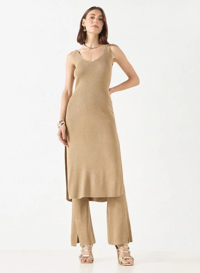 Iconic Iconic Textured V-neck Sleeveless Dress with Slit Detail