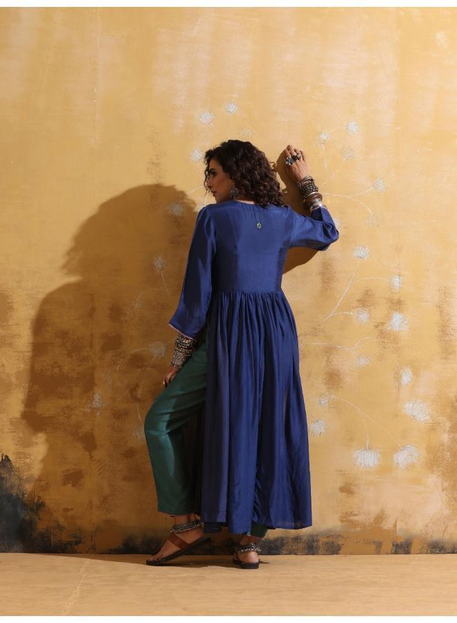 trueBrowns Blue Muslin Silk Anarkali Kurta Pant Set - Image 2