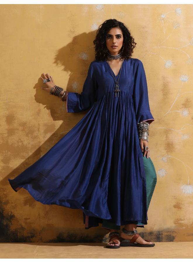 trueBrowns Blue Muslin Silk Anarkali Kurta Pant Set - Image 1