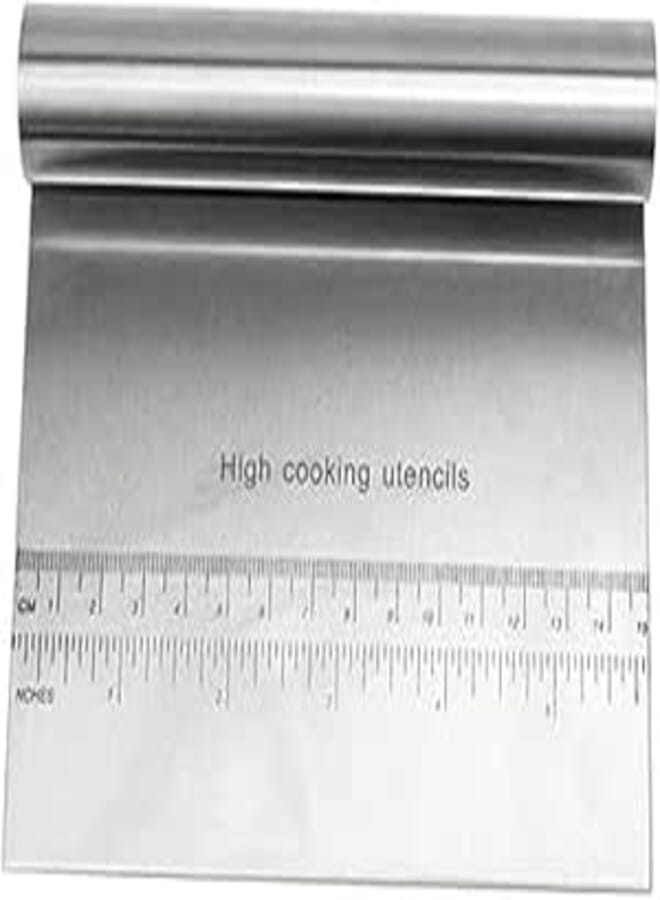 A highly polished, professional stainless steel dough cutter with a measuring scale design; a versatile pizza cutter for cutting cake