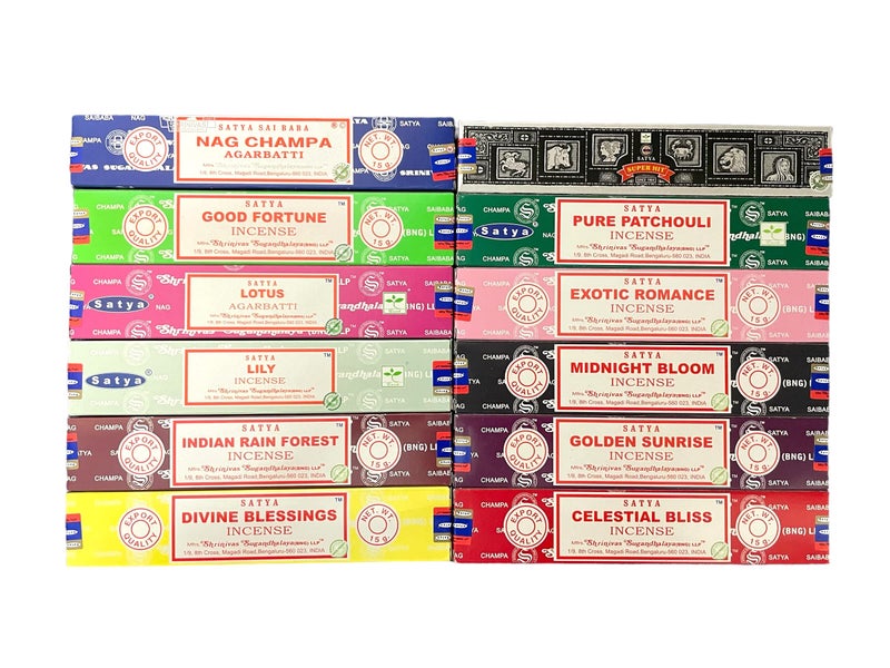 Satya Satya Bangalore BNG Set of 12 NagChampa SuperHit CelestialBliss DivineBlessings ExoticRomance GoldenSunrise IndianRainforest MidnightBloom PurePatchouili GoodFortune Lotus Lily VarietyPack08 