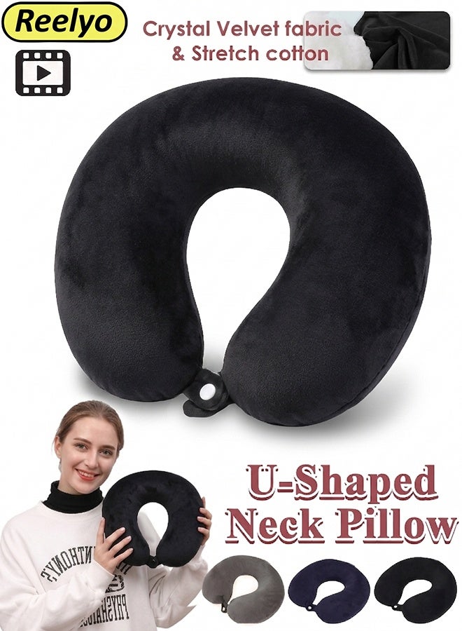 Reelyo Neck Pillow, Compact Portable Travel Pillow, U-Shaped Flannel Cover PP Cotton Filling, Lightweight Foldable Neck Support Cushion for Airplane Car Office Sleeping, Black - Image 1