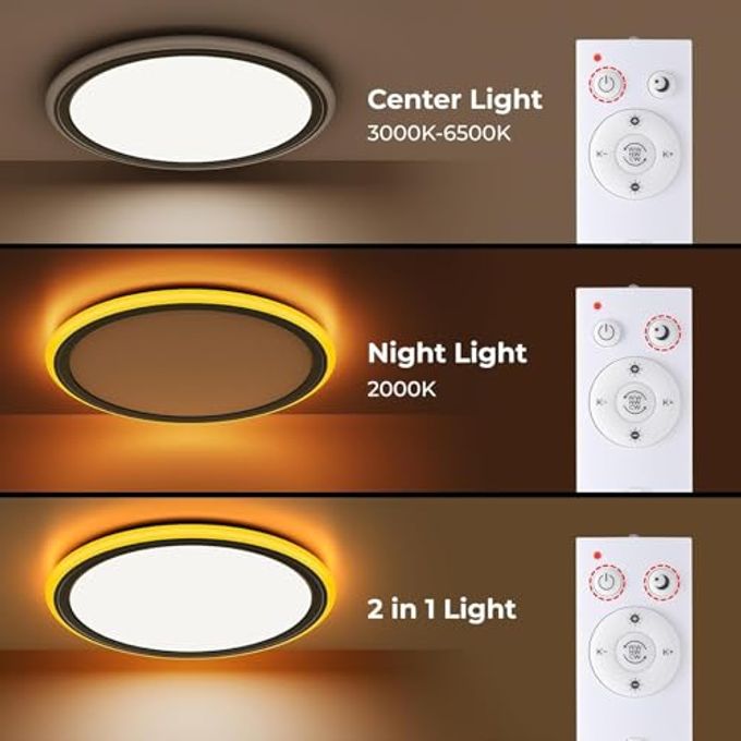 BLNAN 13in LED Flush Mount Ceiling Light Fixture with Remote Control, Dimmable Night Light 2000K, 3000K-6500K 24W Wired Low Profile Light for Bedroom, Kitchen, Living Room, Round Black - Image 2