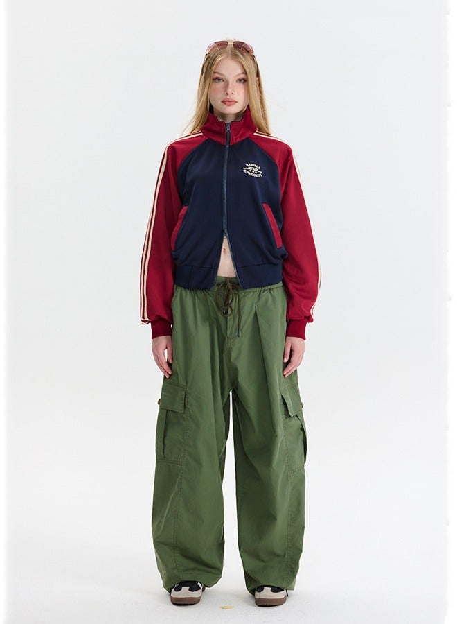 NIBEMINENT Contrast Striped Sleeve Short Standing Collar Jacket Blue - Image 4