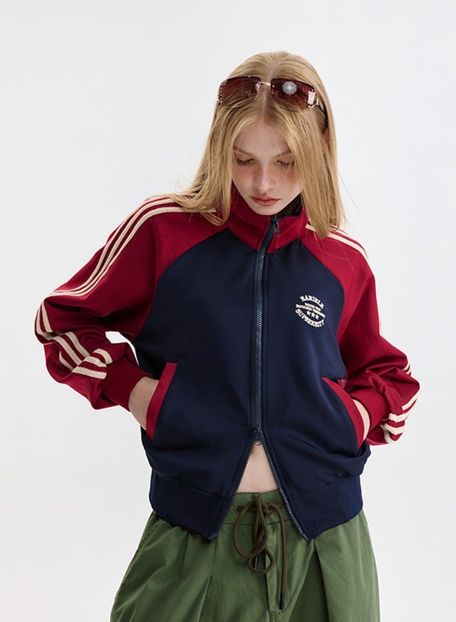 NIBEMINENT Contrast Striped Sleeve Short Standing Collar Jacket Blue - Image 2