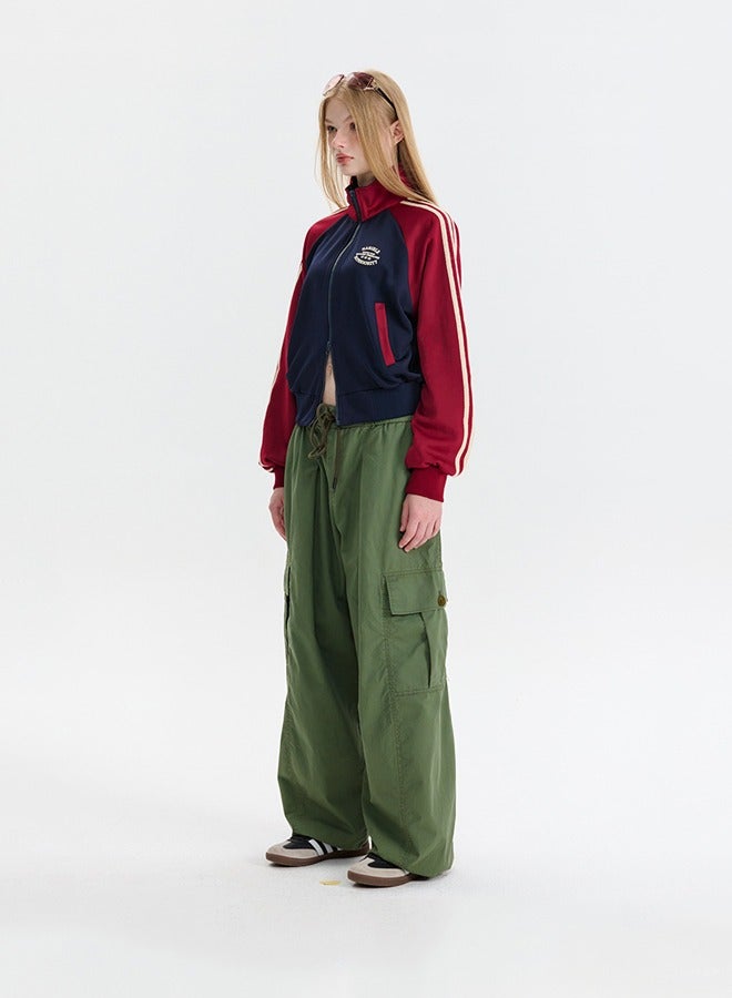 NIBEMINENT Contrast Striped Sleeve Short Standing Collar Jacket Blue - Image 5