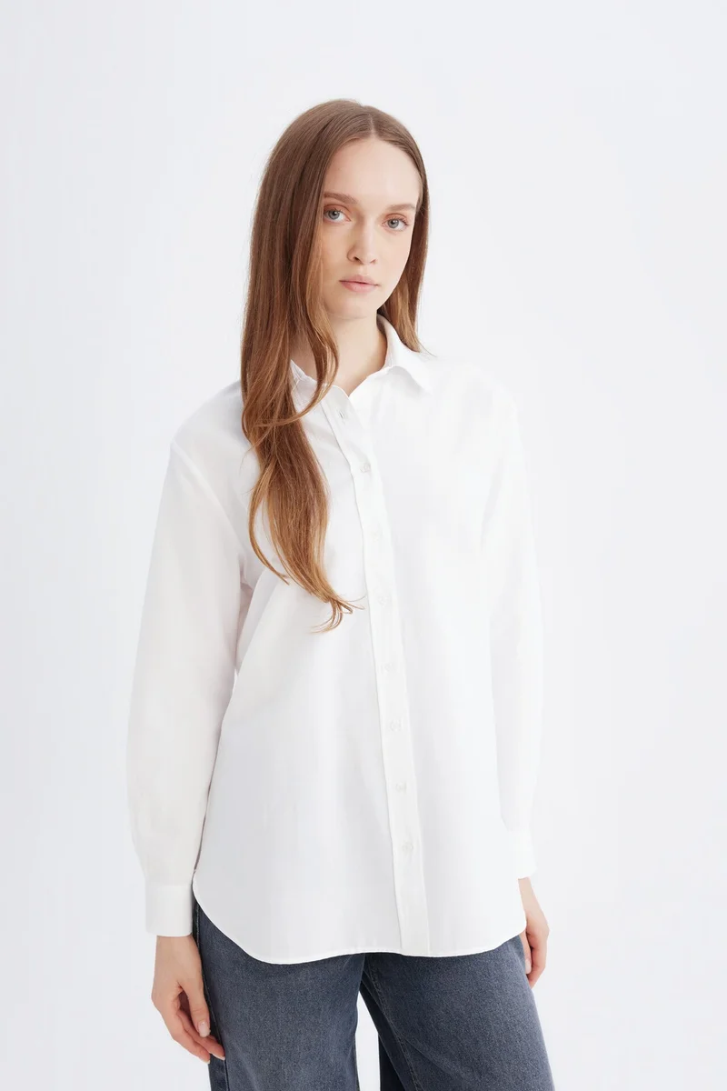 Defacto Relax Fit Poplin Long Sleeve White Shirt Tunic