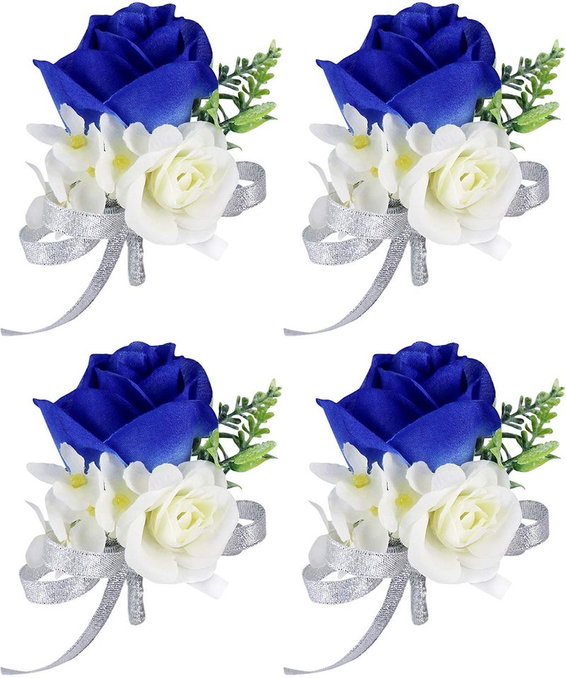 ChezMax Rose Boutonniere Handmade Flower Artificial Corsage with Clip and Ribbon 4 PCS for Bride Groom Wedding Prom Party