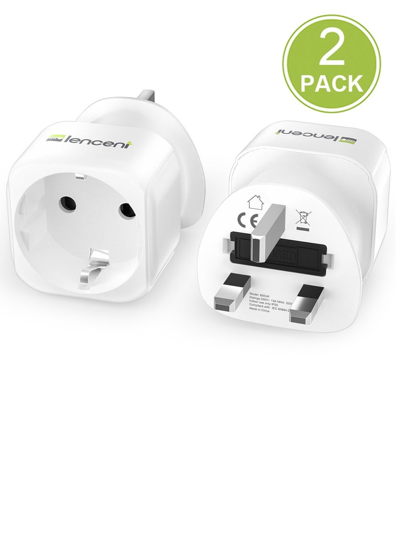 Lencent - 2X EU to UK Plug Adapter, Europe Schuko 2 Pin to 3 Pin UK Travel Adaptor, European Euro to British Adapter- 2 Pack, White - Image 1
