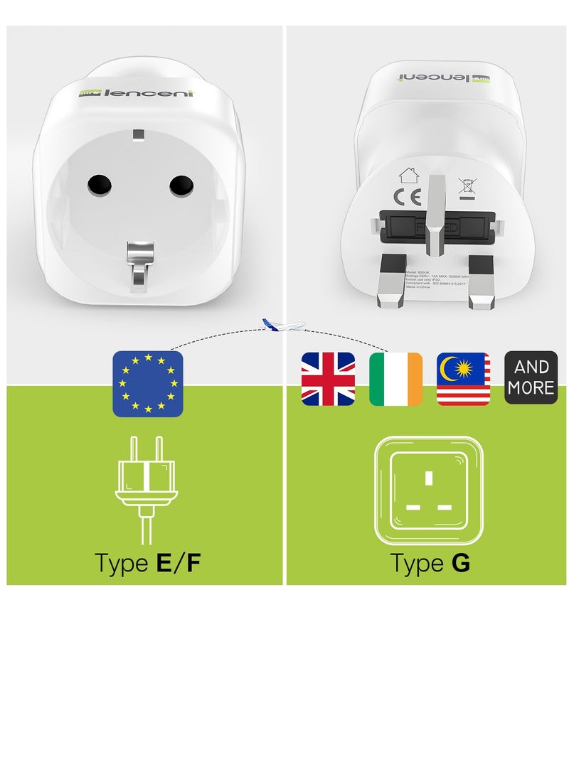 Lencent - 2X EU to UK Plug Adapter, Europe Schuko 2 Pin to 3 Pin UK Travel Adaptor, European Euro to British Adapter- 2 Pack, White - Image 1