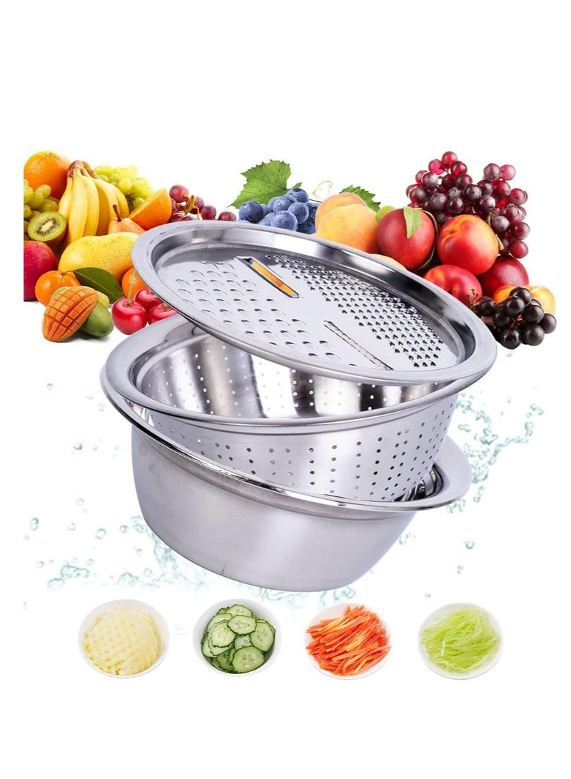3 Piece Set of Strainer, Grater, Vegetable Washing Bowl, Stainless Steel Kitchen Tool for Kneading Dough and Mixing Salad Multicolor 28x28x28cm - Image 1