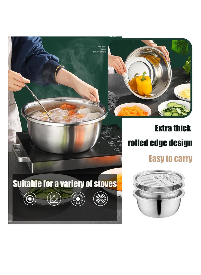 3 Piece Set of Strainer, Grater, Vegetable Washing Bowl, Stainless Steel Kitchen Tool for Kneading Dough and Mixing Salad Multicolor 28x28x28cm - Image 3