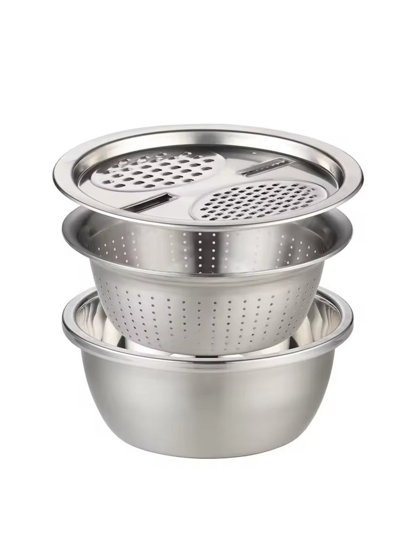3 Piece Set of Strainer, Grater, Vegetable Washing Bowl, Stainless Steel Kitchen Tool for Kneading Dough and Mixing Salad Multicolor 28x28x28cm - Image 4