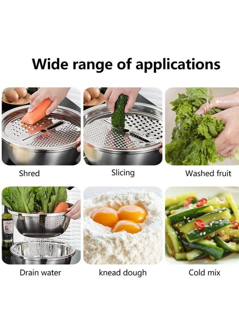 3 Piece Set of Strainer, Grater, Vegetable Washing Bowl, Stainless Steel Kitchen Tool for Kneading Dough and Mixing Salad Multicolor 28x28x28cm - Image 5