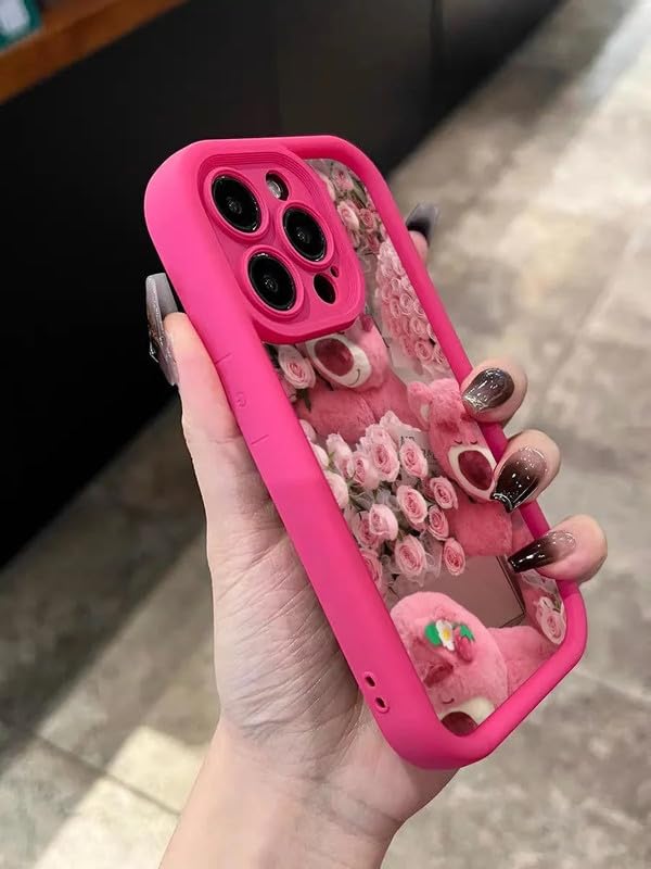 COVERLY Rose Strawberry Teddy Back Case Cover for iPhone 14 Pro Max | Hot 3D Bear Flower Cute Design | Lens Protection | Soft TPU Silicone Fashion Aesthetic Cover for Girls & Women (Pink, Shockproof) - Image 4