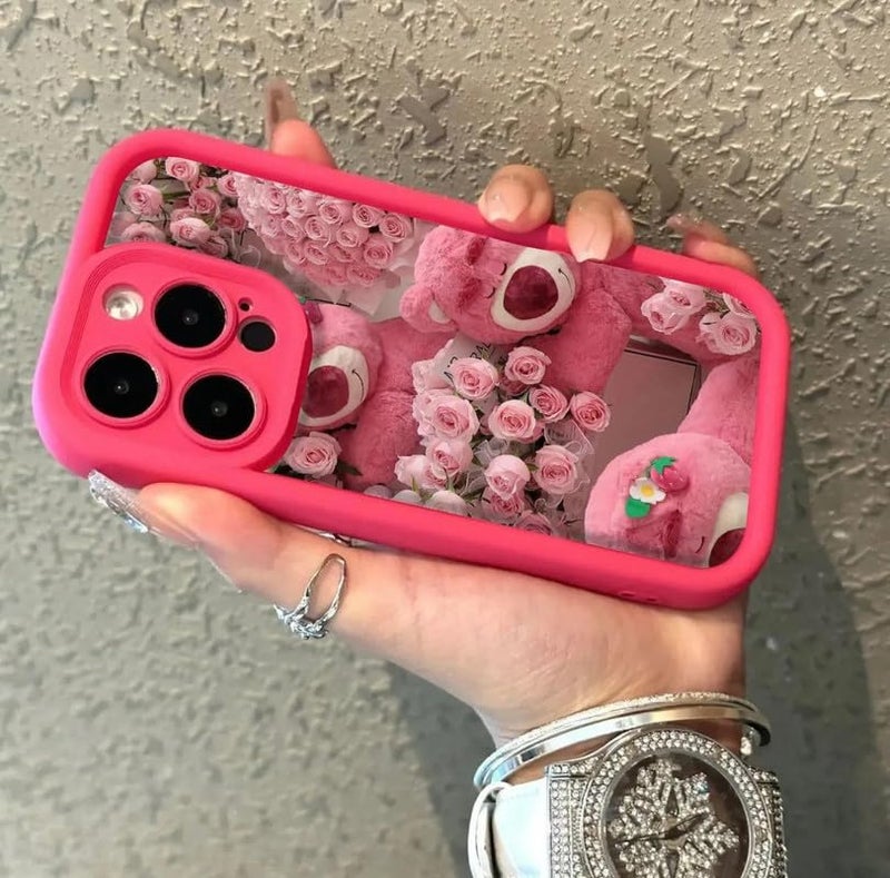 COVERLY Rose Strawberry Teddy Back Case Cover for iPhone 14 Pro Max | Hot 3D Bear Flower Cute Design | Lens Protection | Soft TPU Silicone Fashion Aesthetic Cover for Girls & Women (Pink, Shockproof) - Image 3
