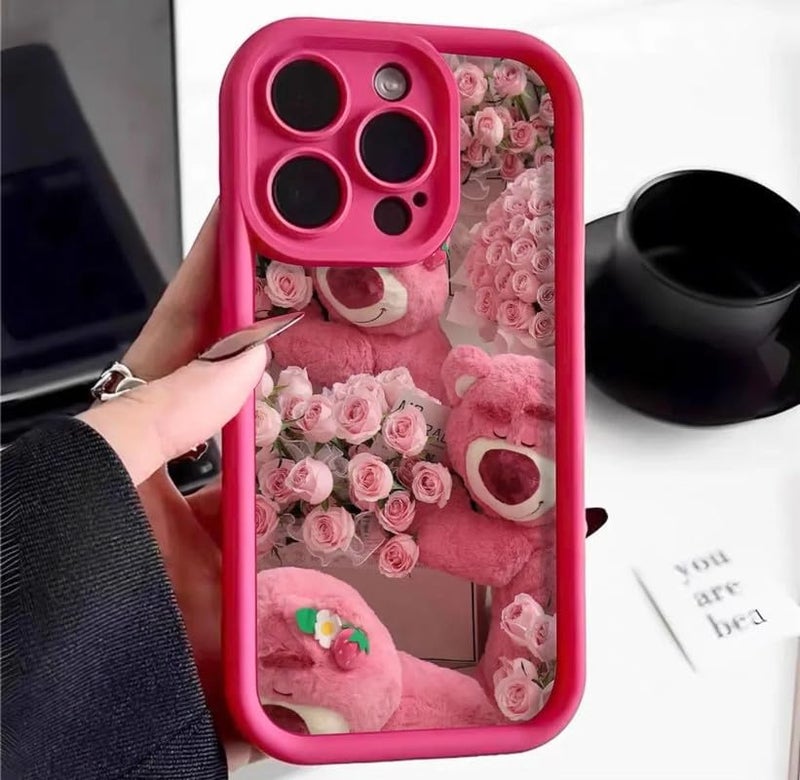 COVERLY Rose Strawberry Teddy Back Case Cover for iPhone 14 Pro Max | Hot 3D Bear Flower Cute Design | Lens Protection | Soft TPU Silicone Fashion Aesthetic Cover for Girls & Women (Pink, Shockproof) - Image 1