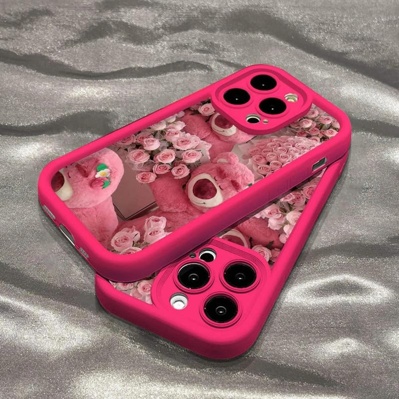 COVERLY Rose Strawberry Teddy Back Case Cover for iPhone 14 Pro Max | Hot 3D Bear Flower Cute Design | Lens Protection | Soft TPU Silicone Fashion Aesthetic Cover for Girls & Women (Pink, Shockproof) - Image 2