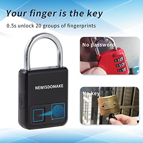 Newisdomake Fingerprint Padlock, Smart Padlock with USB Charging Support, Fingerprint Lock, Biometric Lock Suitable for Luggage, Bookcase, Suitcase, Backpack, Bike, School Locker, Gym Locker Lock(Black) - Image 2