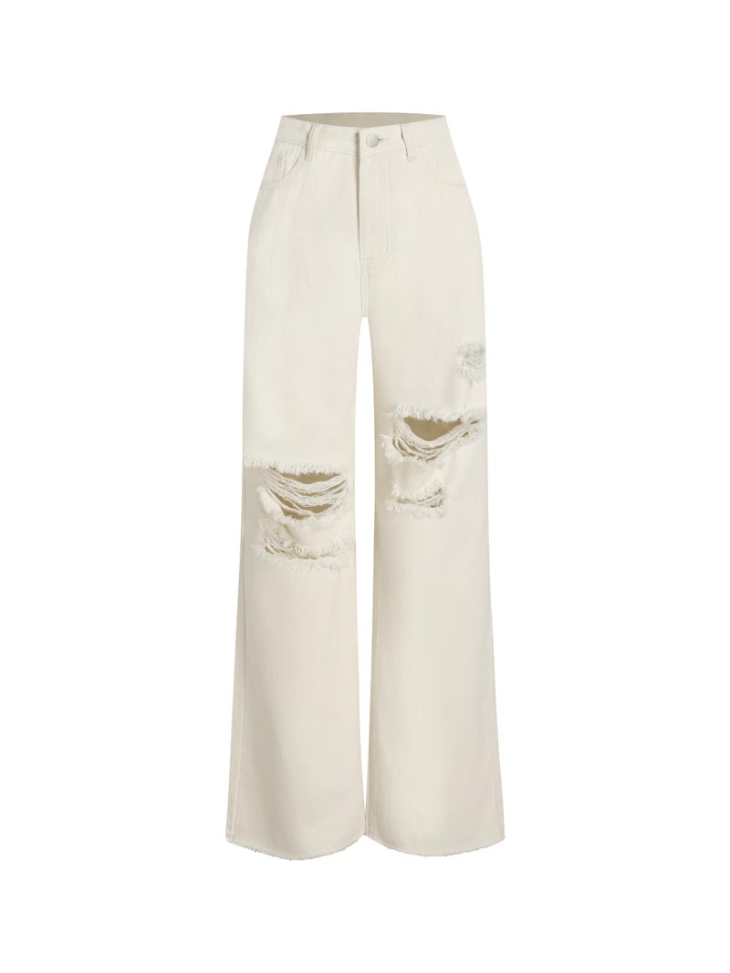 CIDER Womenâ€™s Ripped Jeans High Waisted Distressed Baggy Straight Wide Leg Pants: Ivory, L - Image 1