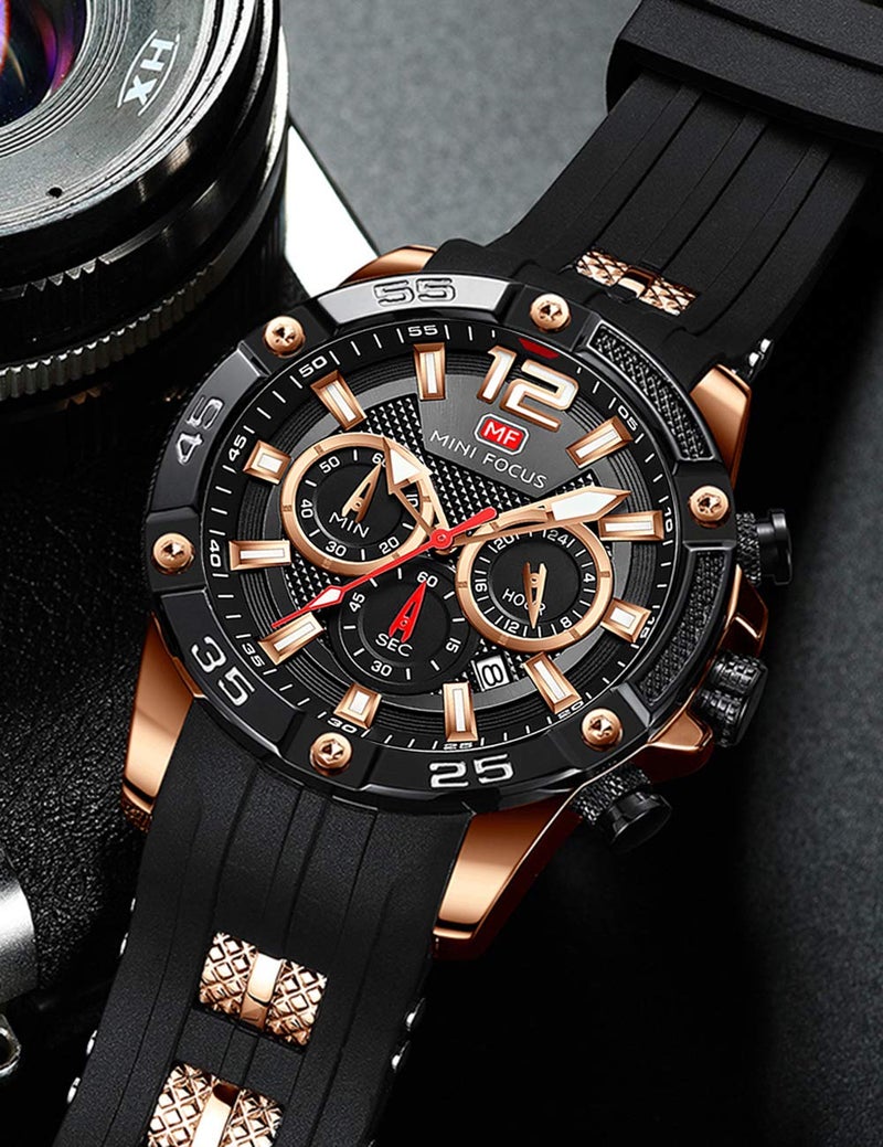MF MINI FOCUS Men Watch, Chronograph Waterproof Sport Analog Quartz Watches Red Silicon Strap Fashion Wristwatch for Men - Image 2