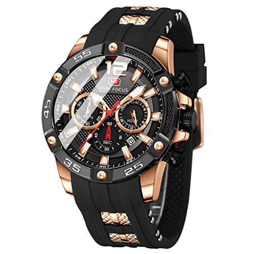 MF MINI FOCUS Men Watch, Chronograph Waterproof Sport Analog Quartz Watches Red Silicon Strap Fashion Wristwatch for Men - Image 1