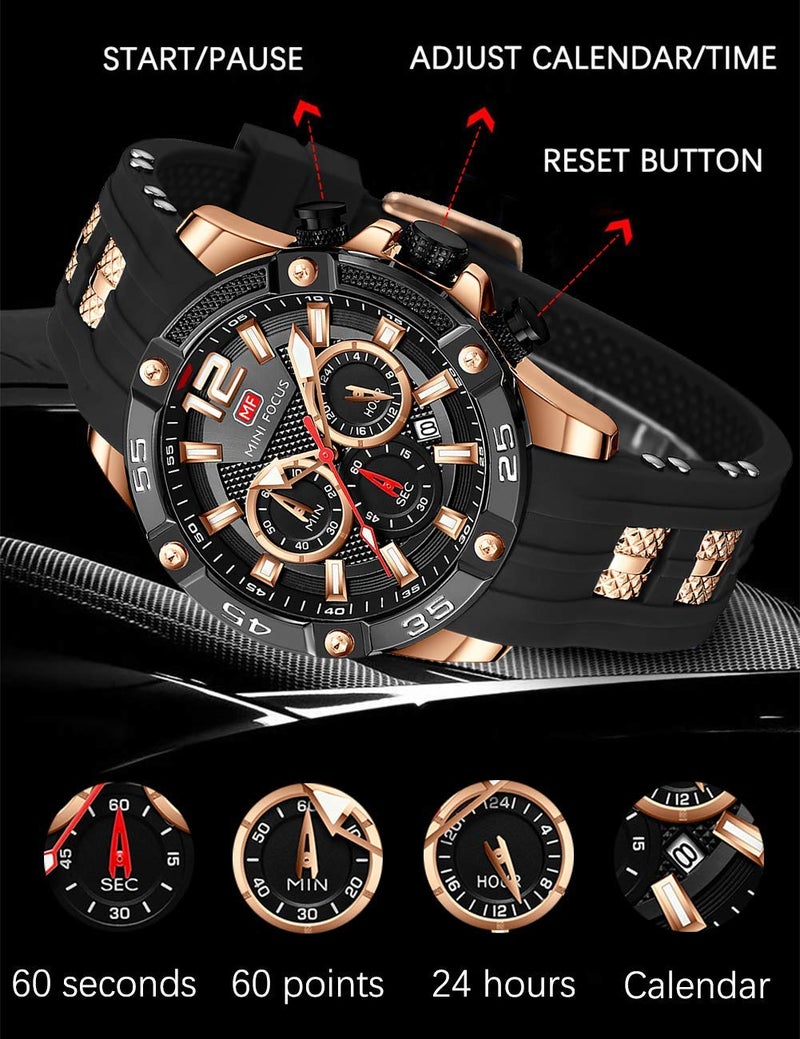 MF MINI FOCUS Men Watch, Chronograph Waterproof Sport Analog Quartz Watches Red Silicon Strap Fashion Wristwatch for Men - Image 5