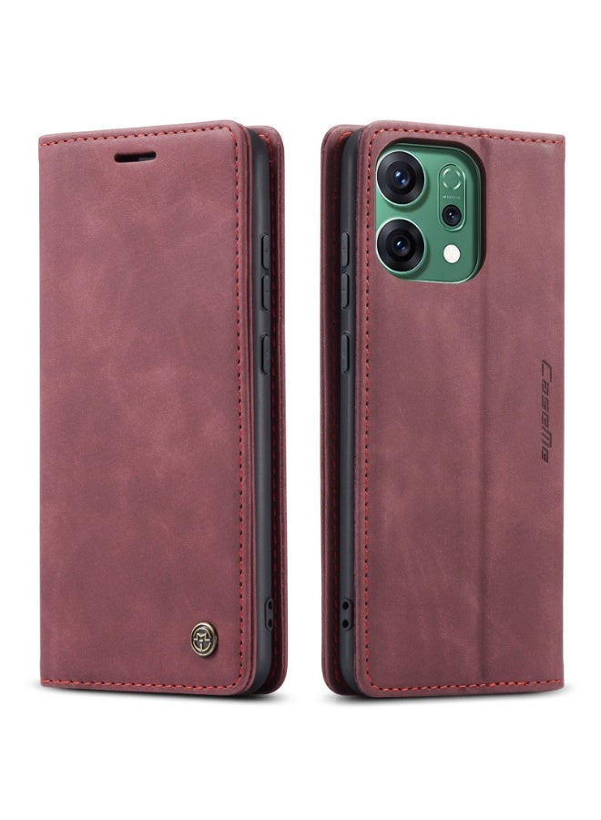CaseMe Phone Case Luxury PU Leather Design 013 Flip Cover Card Slot Holder Cover For Oppo Reno 14F  (WineRed) - Image 1