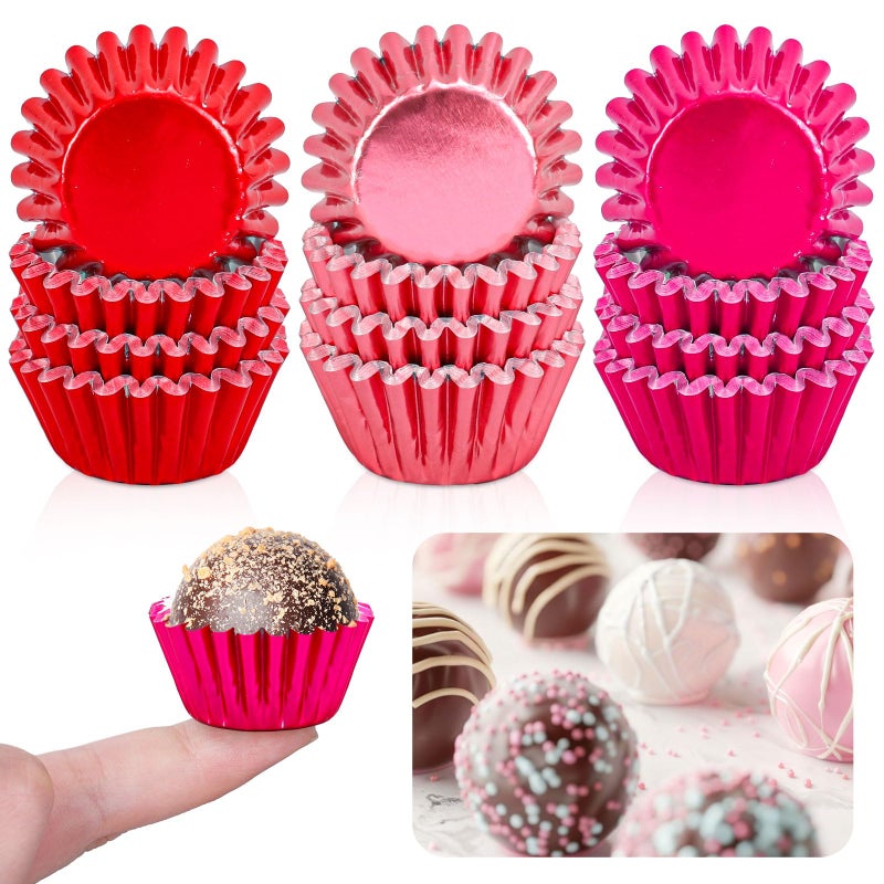 Whaline 300Pcs Valentine's Day Mini Foil Cupcake Liners Baking Cups Red Pink Gradient Foil Metallic Cupcake Wrappers Muffin Liners for Wedding Anniversary Birthday Party - Image 1