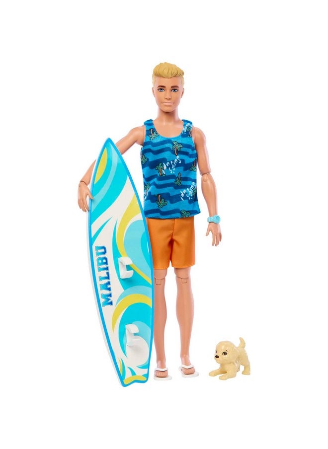 Barbie - دمية كين مع لوح تزلج وجرو أليف، دمية كين شقراء قابلة للتعديل مع ملحقات ذات طابع مثل منشفة - Image 1