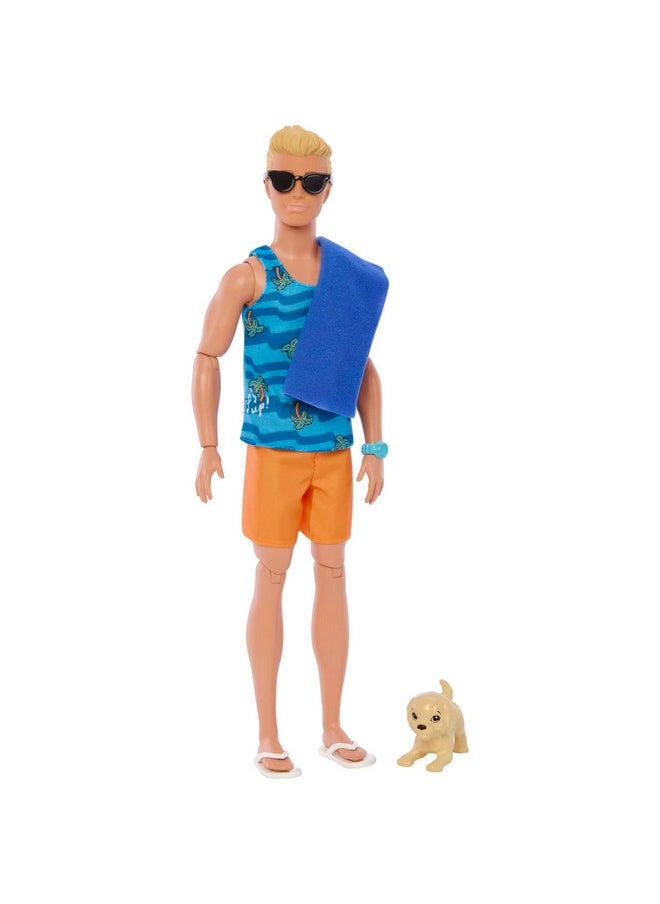 Barbie - دمية كين مع لوح تزلج وجرو أليف، دمية كين شقراء قابلة للتعديل مع ملحقات ذات طابع مثل منشفة - Image 1
