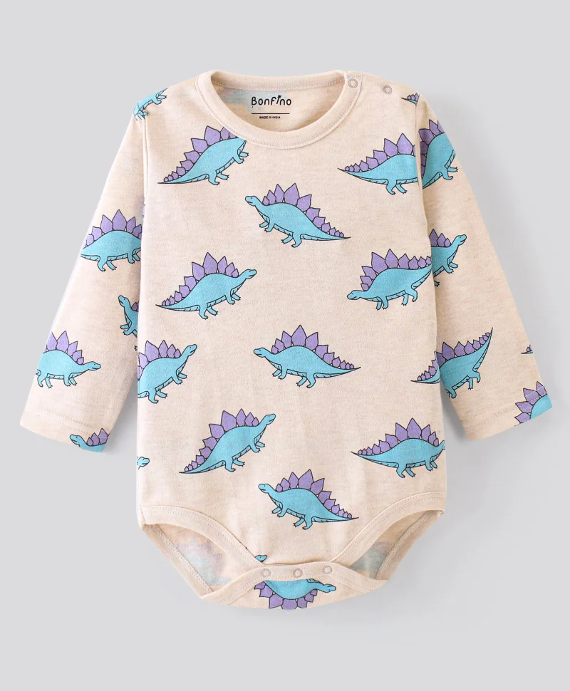 Bonfino Bonfino Cotton Full Sleeves Onesies with Dino Print Pack of 3 - Grey Melange Cosmic Sky & Plume