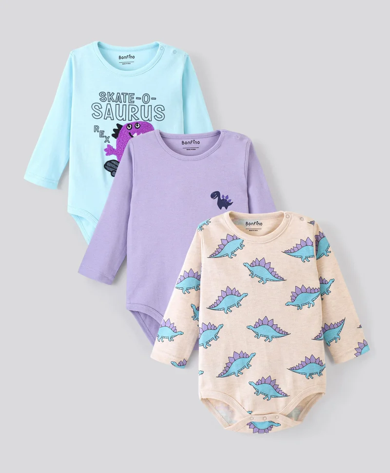 Bonfino Bonfino Cotton Full Sleeves Onesies with Dino Print Pack of 3 - Grey Melange Cosmic Sky & Plume