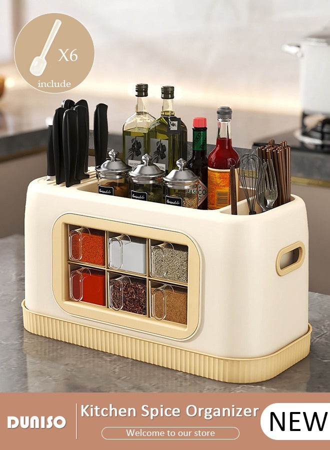 DUNISO Kitchen Spice Organizer, Drawer Spice Racks with Spoon and Lid, 6-Cell Seasoning Storage Box with Top Store Table, PP Container for Salt Sugar Pepper Spice,Space Saving Spice Rack for Countertop, Cabinet,Spice Box for Pantry, Kitchen - Image 1