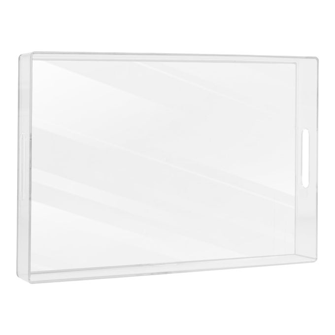 CLEAR SERVING TRAY WITH HANDLES PLASTIC CLEAR TRAY RECTANGLE DECORATIVE TRAY FOR COFFEE TABLE OTTOMAN BATHROOM VANITY 157 LX 102 W X 157 H