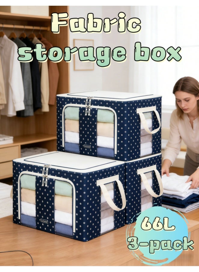 66L Storage Bins with Metal Frame, Stackable & Foldable Clothes Organizer Bags, Oxford Fabric Storage Containers with Large Clear Window & Carry Handles, Bedroom Organization for Bedding & Linen (3 Pack) - Image 1