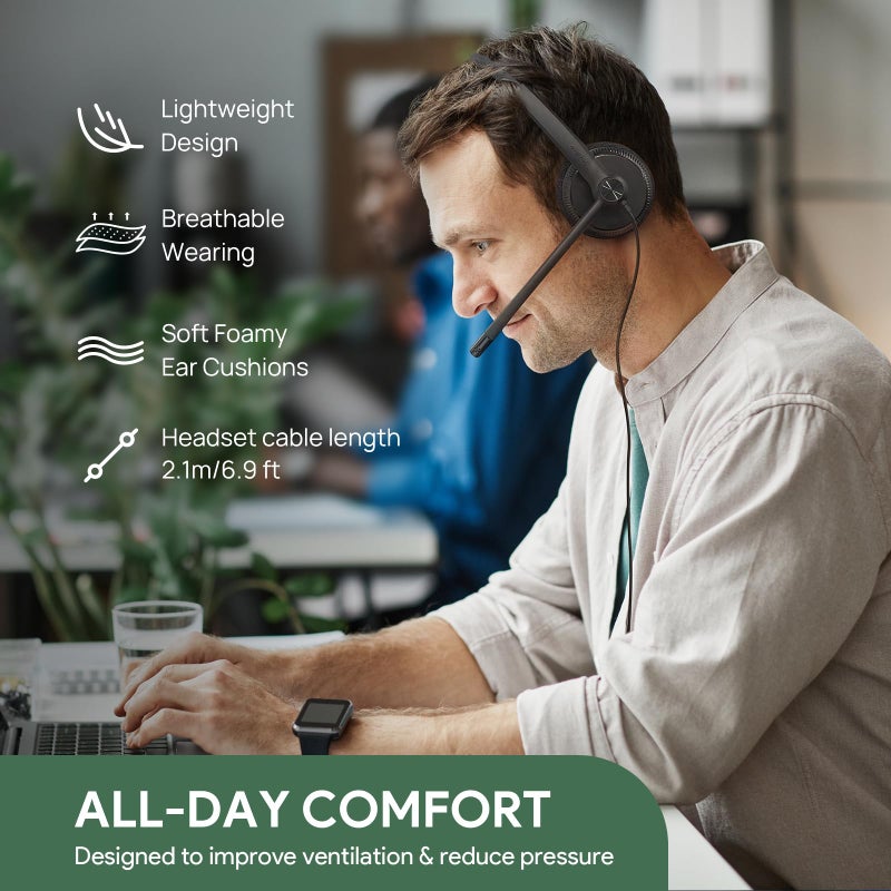 Yealink UH34 USB Headset with Mic,Stereo Wired Headphones with Noise Cancelling Microphone,Professional Work Headset VoIP Phone PC Computer Call Center Office(Ultra Light) - Image 2