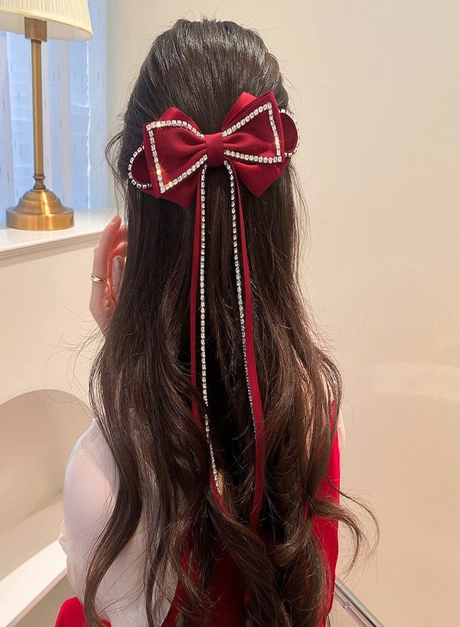 RECTYO GALLERY 1 PACK luxury Red Hair Bows Sparkly Rhinestone Tassel Hair Clips Barrettes Bowknot with Long Brocade Tassel Ribbon Claw Hair Accessories for Women and Girls (4.92inchx9.84inch) - Image 4