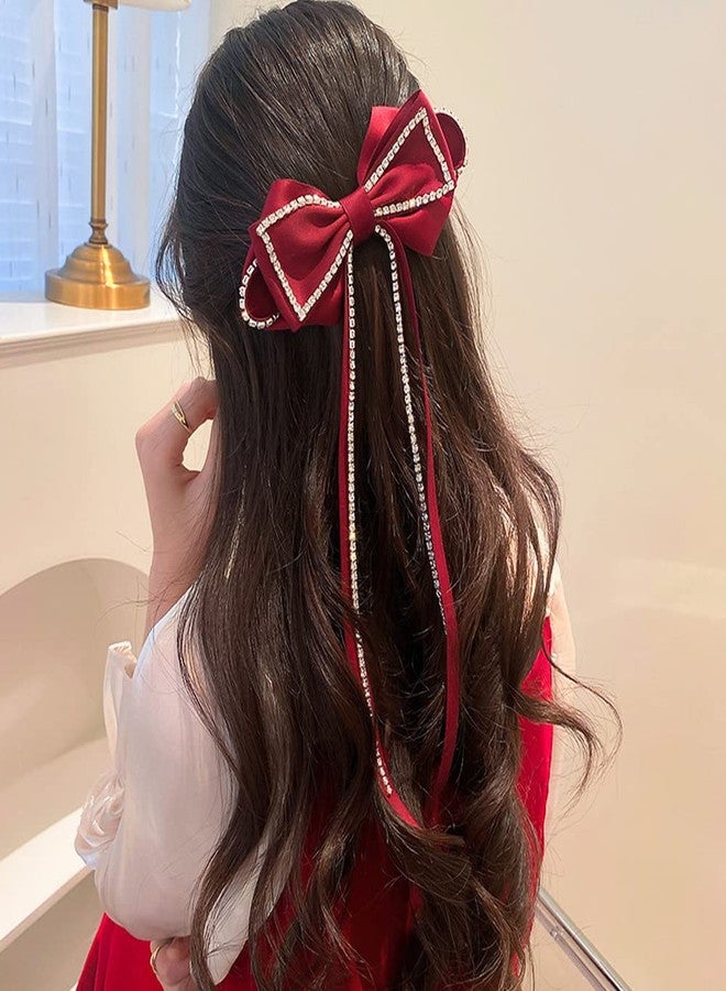 RECTYO GALLERY 1 PACK luxury Red Hair Bows Sparkly Rhinestone Tassel Hair Clips Barrettes Bowknot with Long Brocade Tassel Ribbon Claw Hair Accessories for Women and Girls (4.92inchx9.84inch) - Image 5