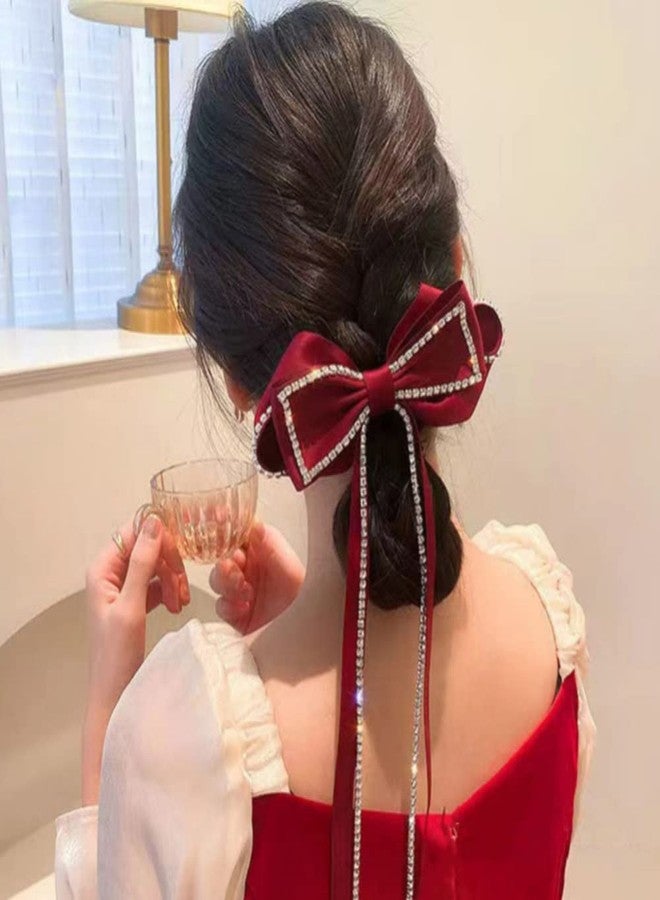 RECTYO GALLERY 1 PACK luxury Red Hair Bows Sparkly Rhinestone Tassel Hair Clips Barrettes Bowknot with Long Brocade Tassel Ribbon Claw Hair Accessories for Women and Girls (4.92inchx9.84inch) - Image 3