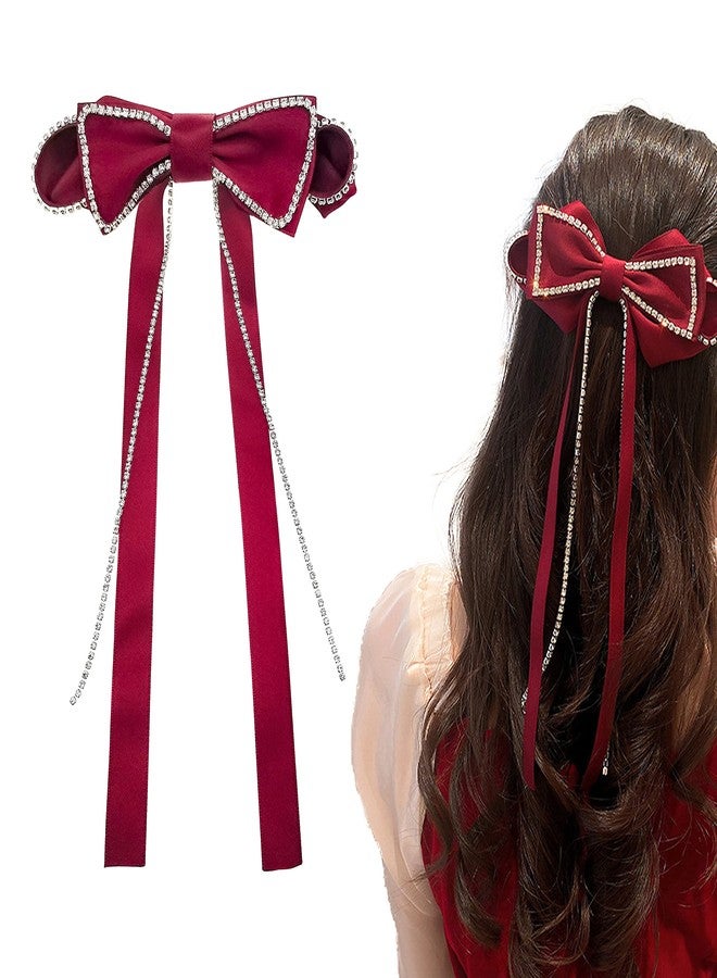 RECTYO GALLERY 1 PACK luxury Red Hair Bows Sparkly Rhinestone Tassel Hair Clips Barrettes Bowknot with Long Brocade Tassel Ribbon Claw Hair Accessories for Women and Girls (4.92inchx9.84inch) - Image 1