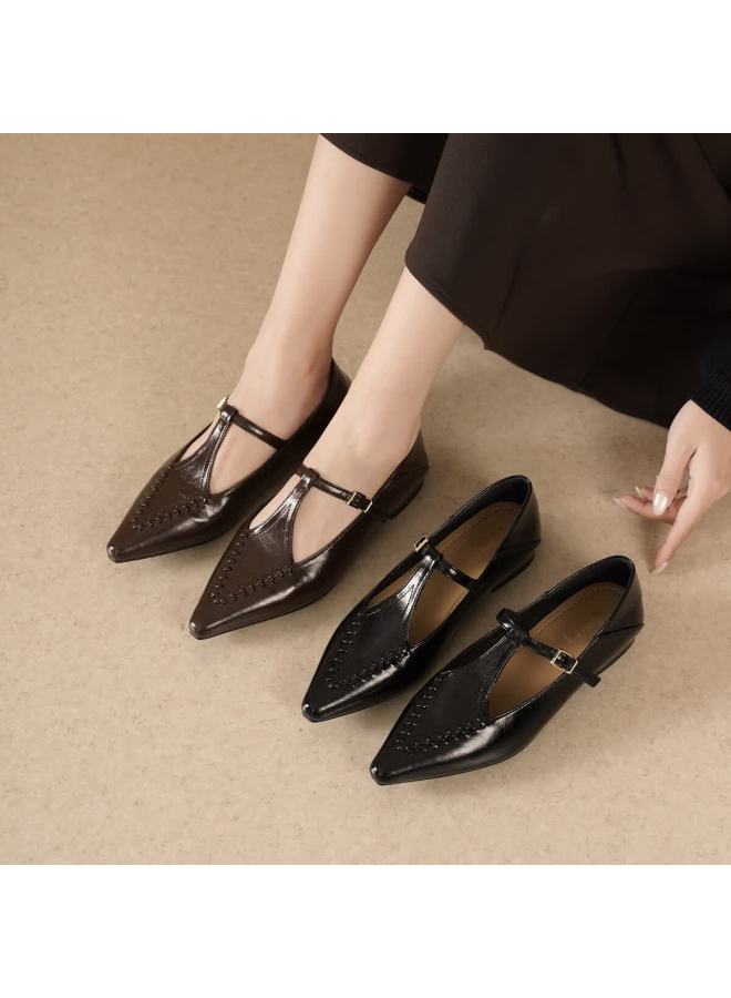 dme Demana Renaissance Commuter Vintage Pointed Toe Solid Color Woven T-strap Women's Flats Versatile Work Shoes - Image 4