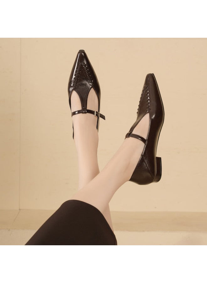 dme Demana Renaissance Commuter Vintage Pointed Toe Solid Color Woven T-strap Women's Flats Versatile Work Shoes - Image 1