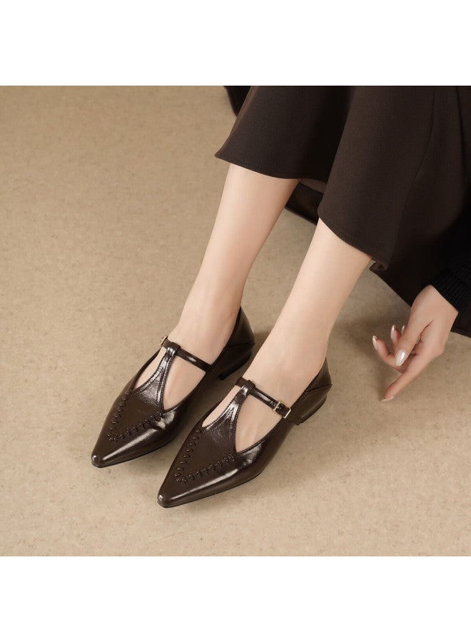 dme Demana Renaissance Commuter Vintage Pointed Toe Solid Color Woven T-strap Women's Flats Versatile Work Shoes - Image 3