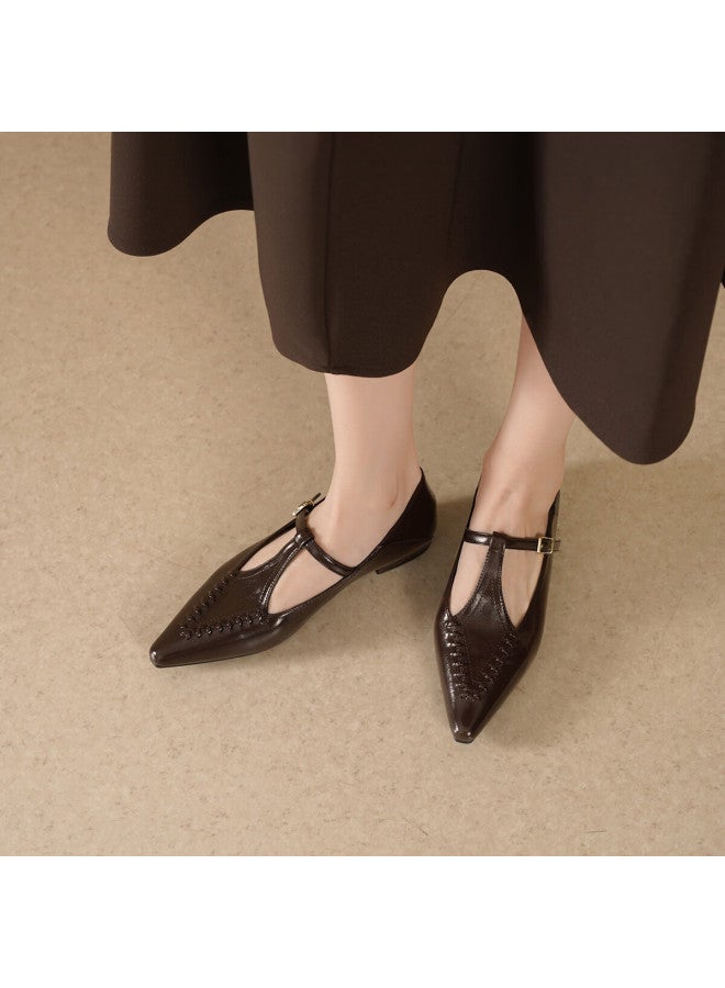 dme Demana Renaissance Commuter Vintage Pointed Toe Solid Color Woven T-strap Women's Flats Versatile Work Shoes - Image 2