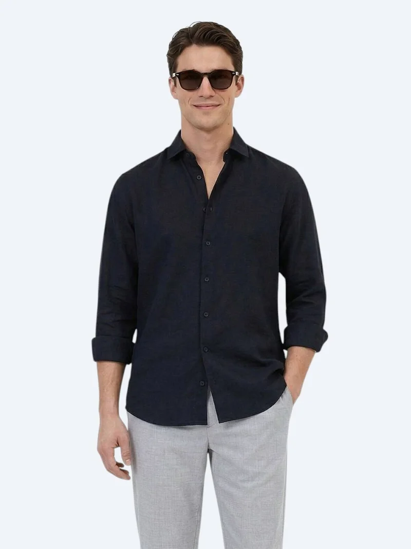 Kip Black Plain Regular Fit Long Weaving Casual Cotton Blended Shirt