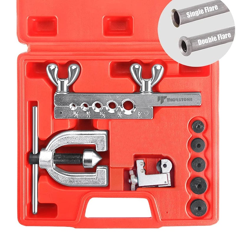 Thorstone Double Single Flaring Tool Kit for Brake Line and Brass Tubing Tool with Extra Adapters 45 Degrees Red